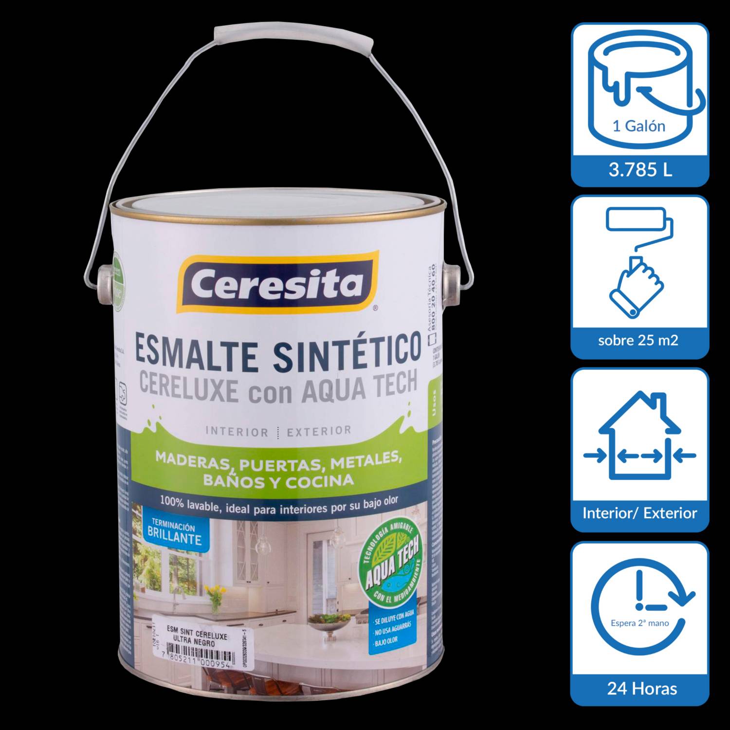 Esmalte sintetico cereluxe aquaTech negro 1gl Ceresita
