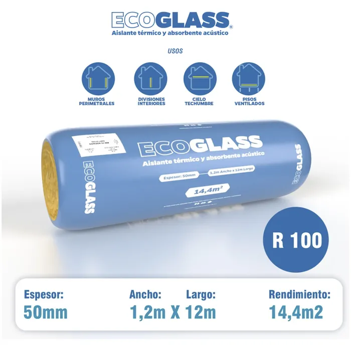 Lana vidrio Ecoglass 14.4m2 (1.2 x 12 mts) x 50mm Volcan