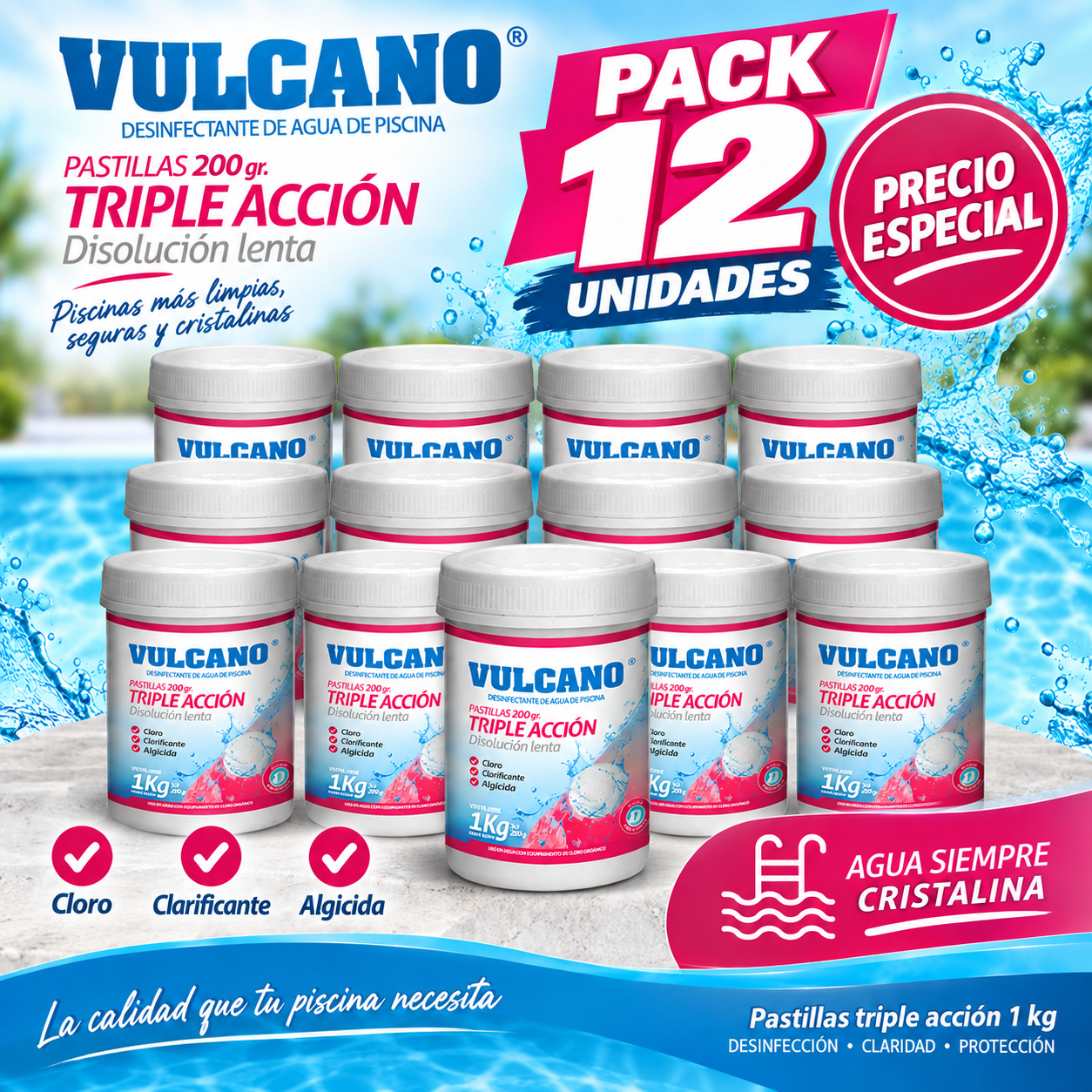 Kit 12 unidades de 1 kg cloro triple accion Vulcano