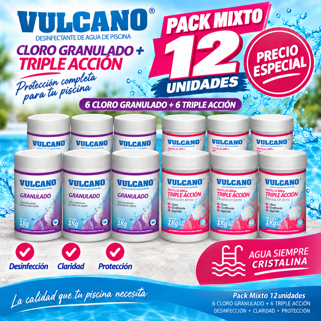 Kit 6 kg cloro granulado 60% y 6 kg cloro triple accion Vulcano