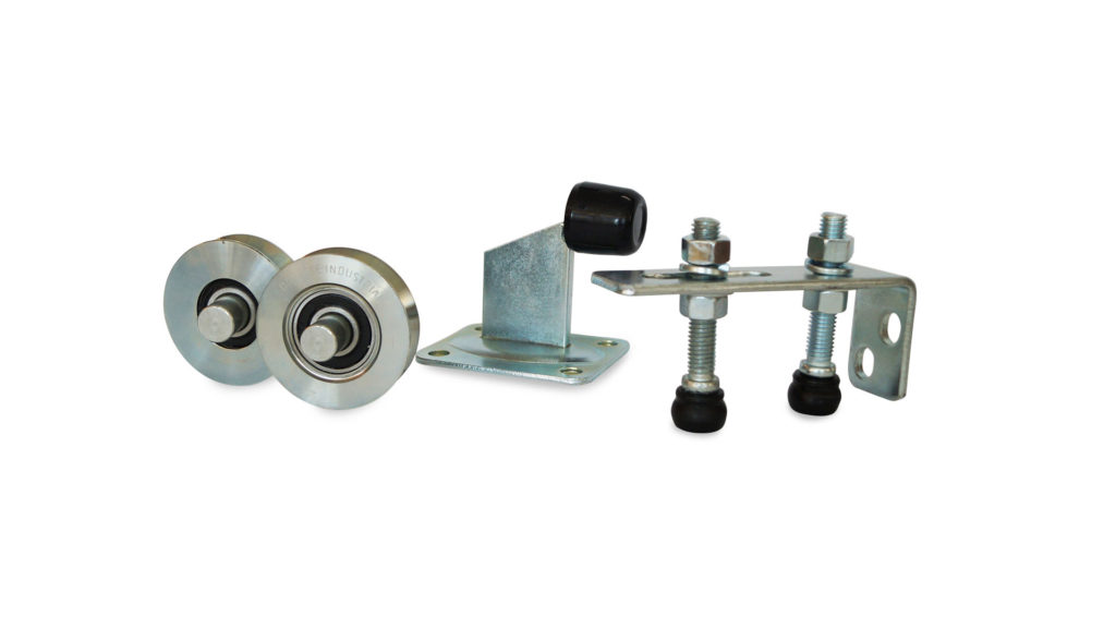 Kit  portón corredero 64Kg 2 ruedas, 2 guías con base y tope Ducasse