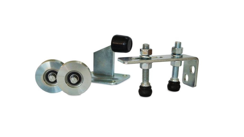 Kit  portón corredero 75Kg 2 ruedas, 2 guías con base y tope Ducasse