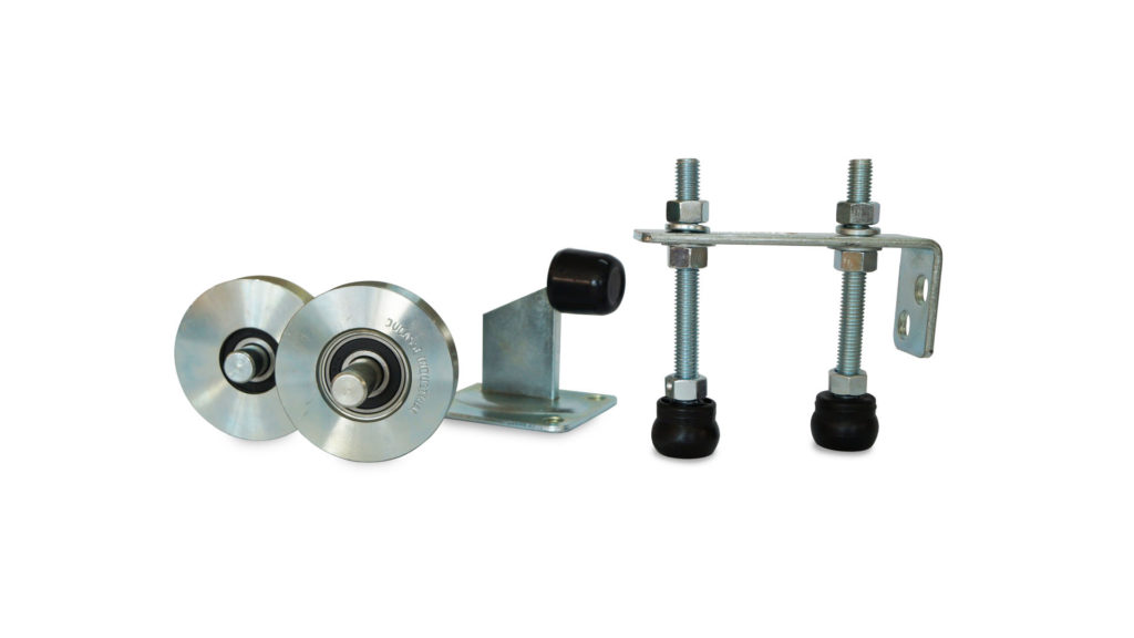 Kit  portón corredero 85Kg 2 ruedas, 2 guías con base y tope Ducasse
