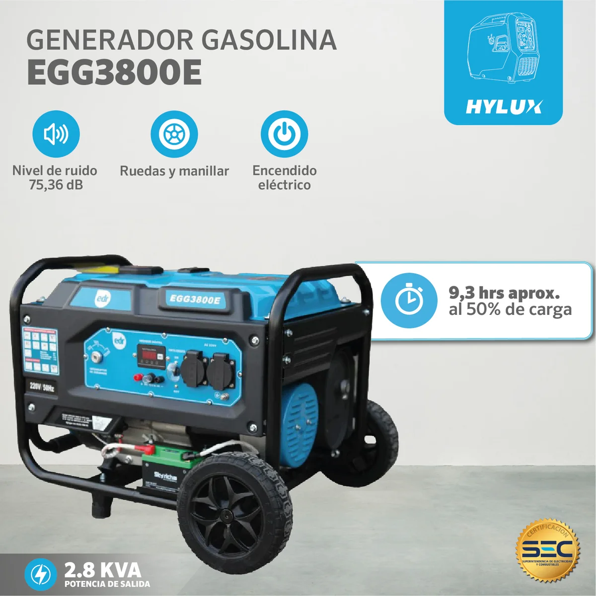 Generador EGG3800E 3.1KVA bencina partida eléctrica Hylux