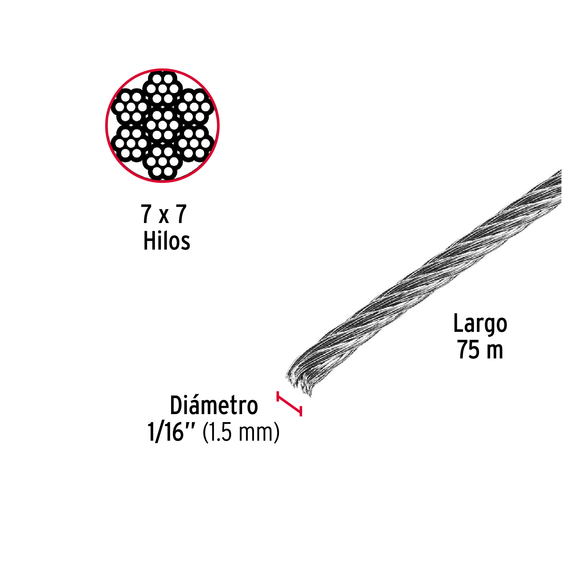 Cable acero sin forro 1/16´´ (1.5mm)  (44208)  x metro Fiero