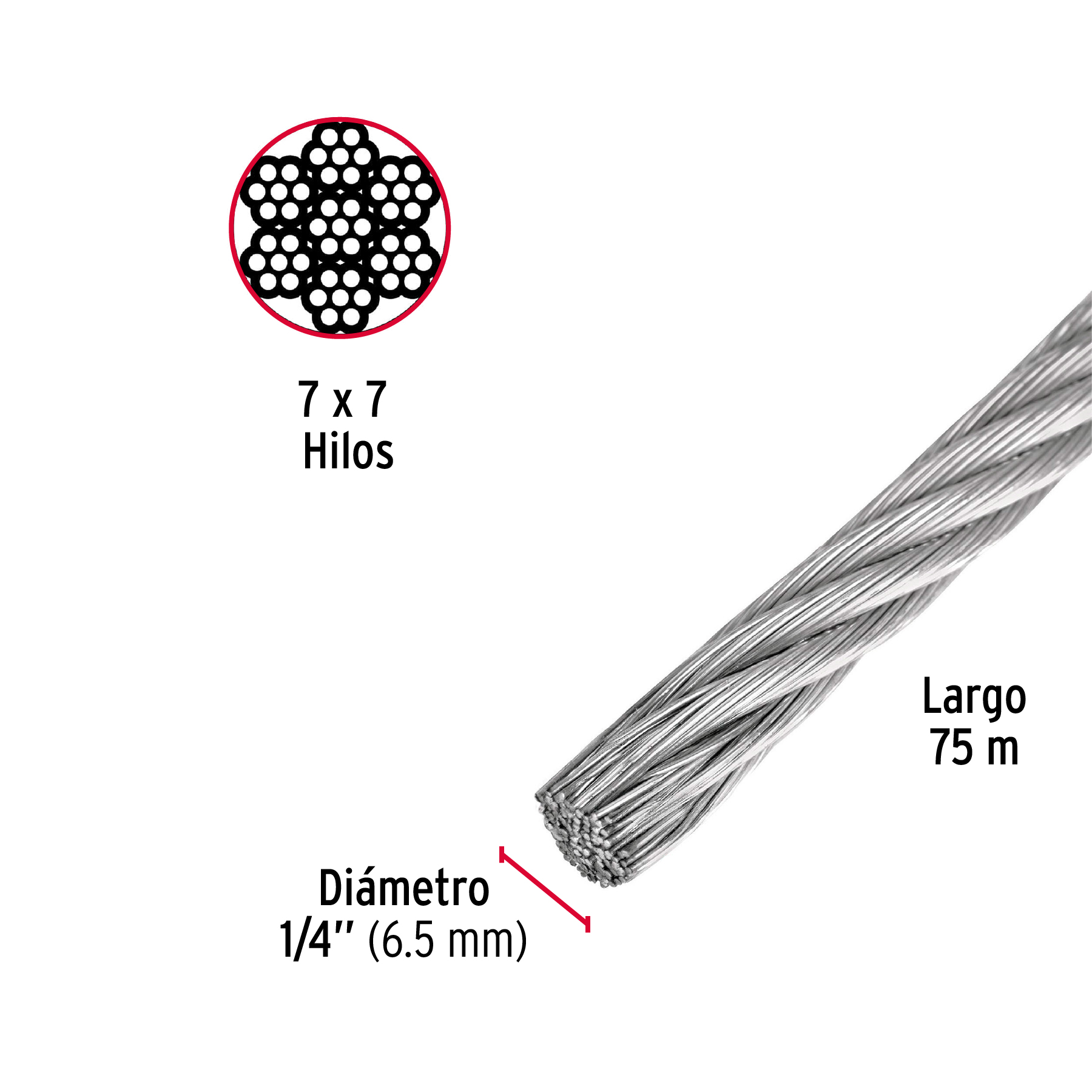 Cable acero sin forro 1/4´´ (6.5mm)  (44207)  x metro Fiero