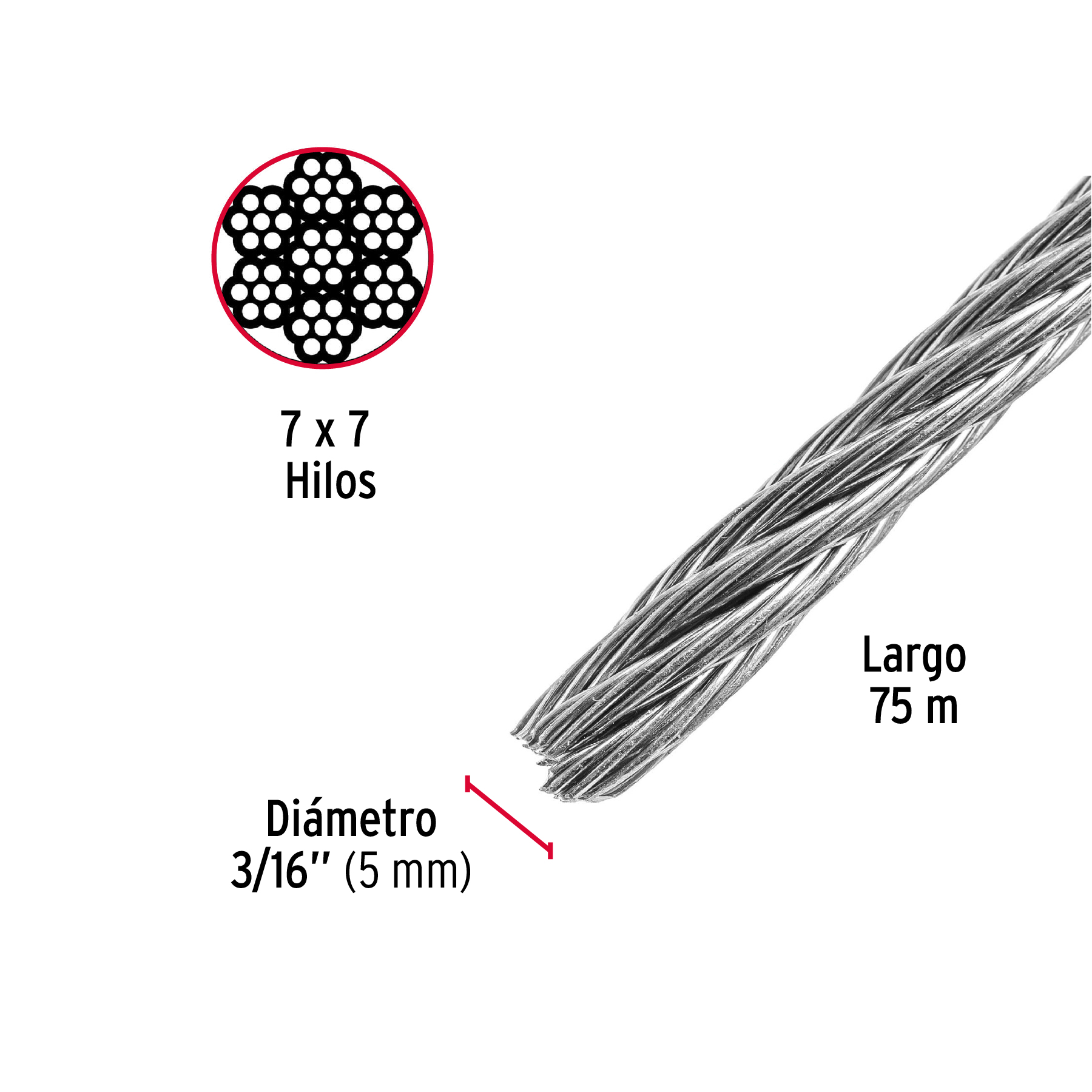 Cable acero sin forro 3/16´´ (2.5mm)  (44209)  x metro Fiero
