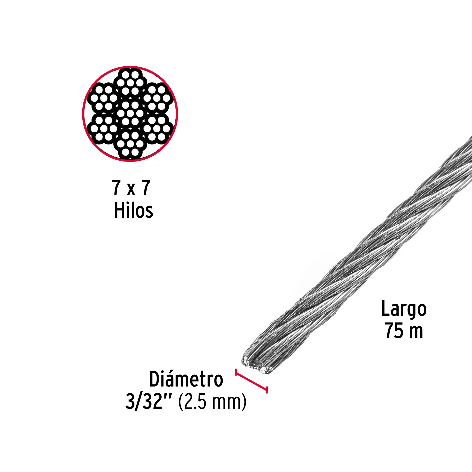 Cable acero sin forro 3/32´´ (6.5mm)  (44209)  x metro Fiero
