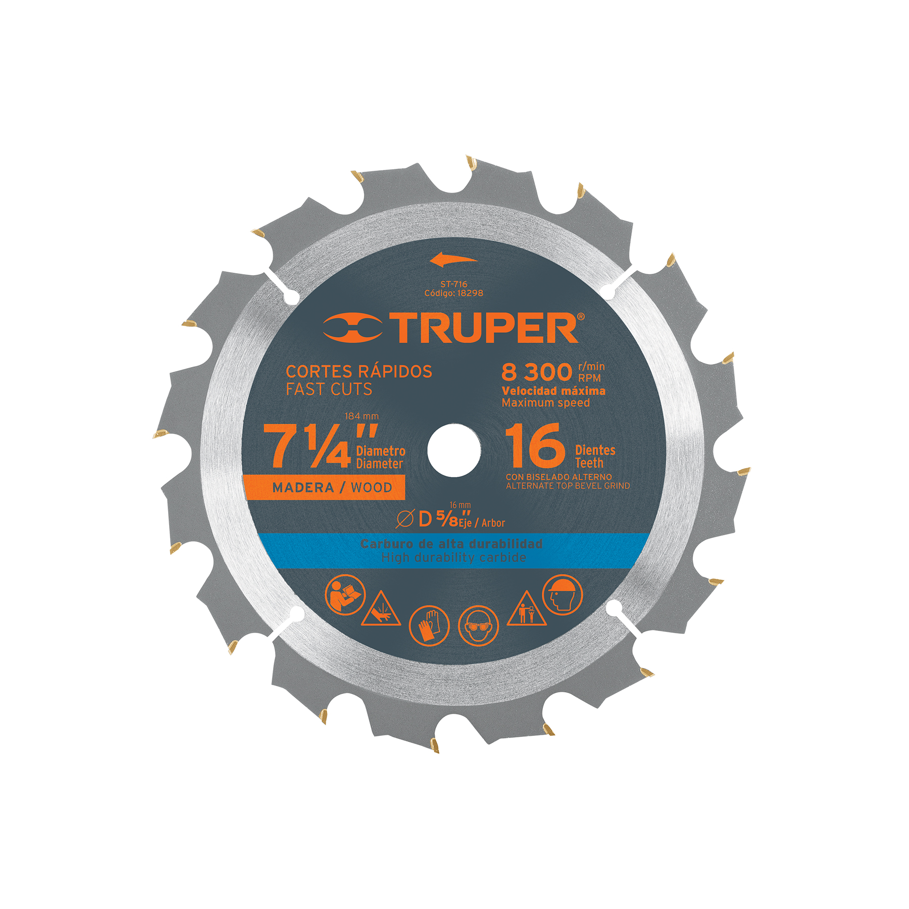 Disco sierra madera 7 1/4" 16 dientes eje 5/8" (18298) Truper