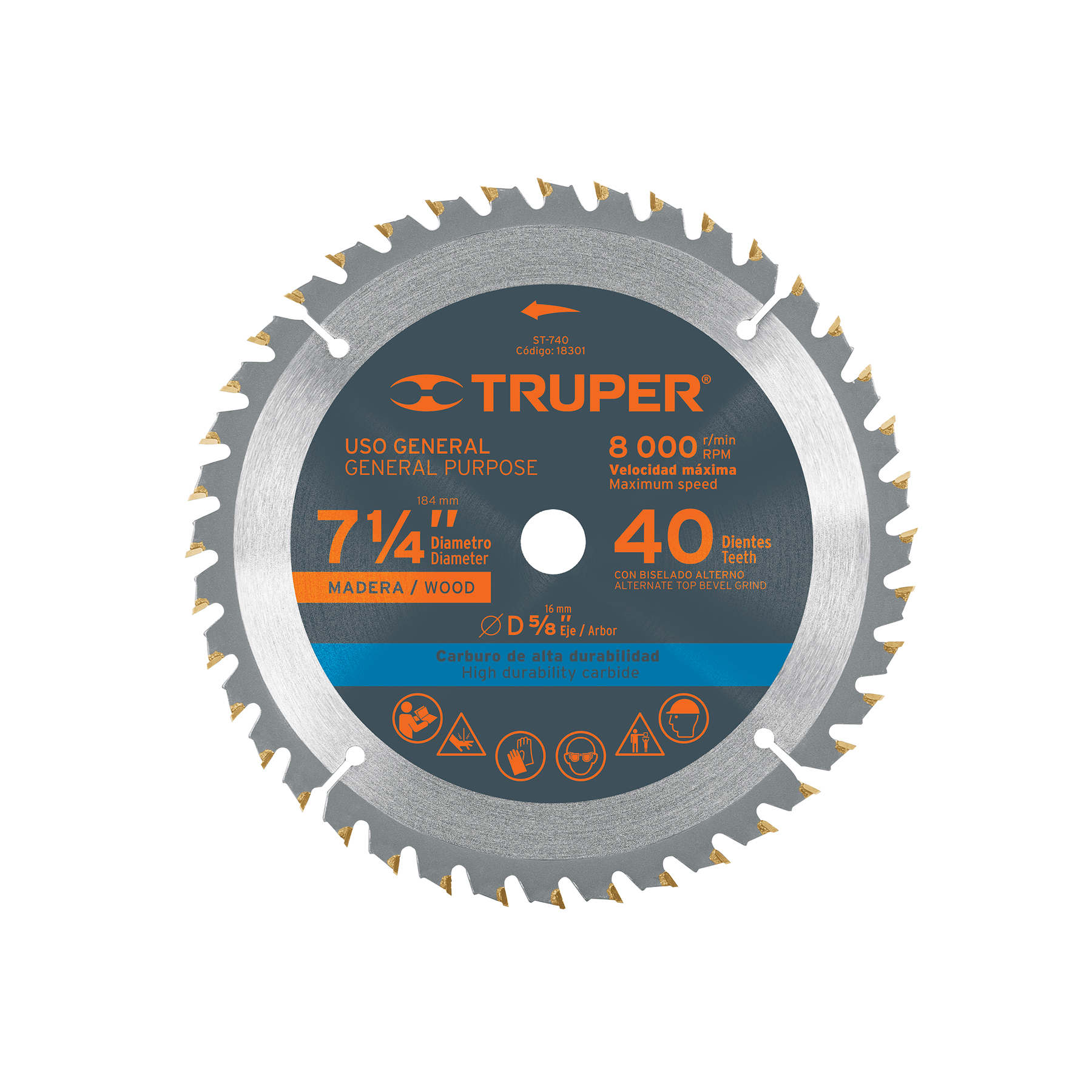 Disco sierra madera 7 1/4" 40 dientes eje 5/8" (18301) Truper
