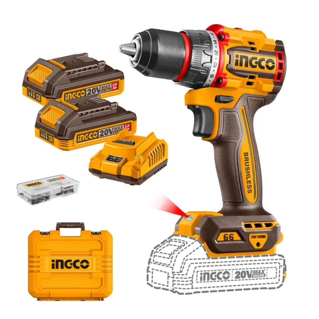 Kit taladro 20v 13mm + 2 baterias 2AH + Cargador + Maleta (CDLI20668) INGCO