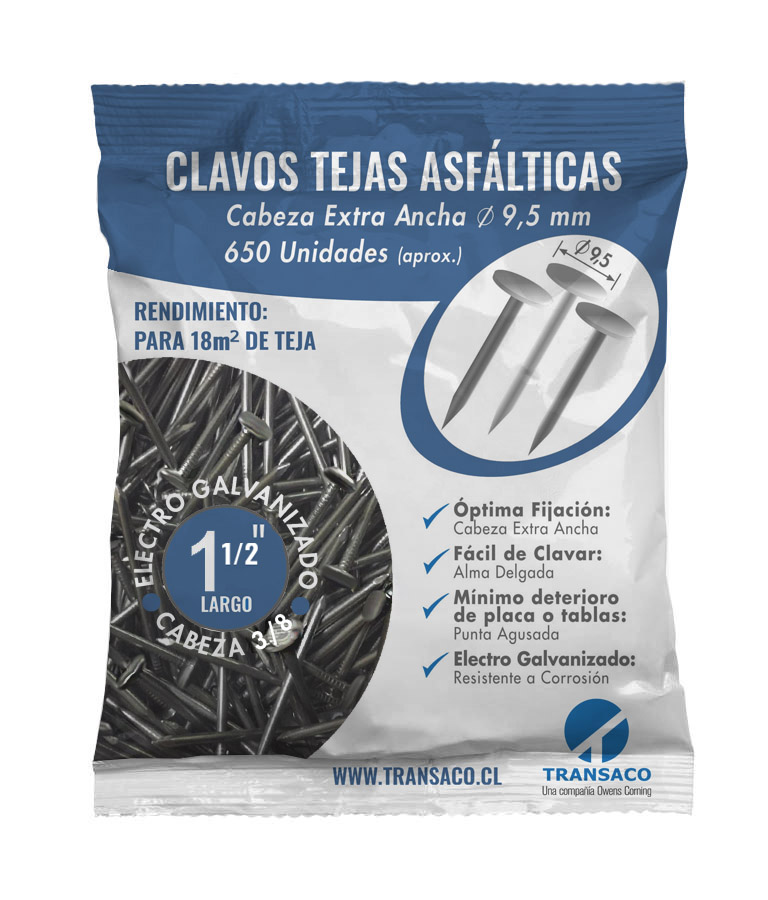 Clavo teja asfaltica 1"  bolsa 650 unidades Transaco