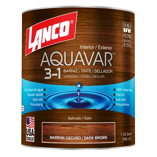 Barniz Aquavar marron oscuro 3 en 1 satinado 1/4 gl  Lanco