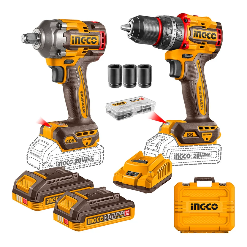 Kit 20v taladro percutor + llave de imapcxto 1/2  2 baterias +1 cargador (CKLI20286) INGCO