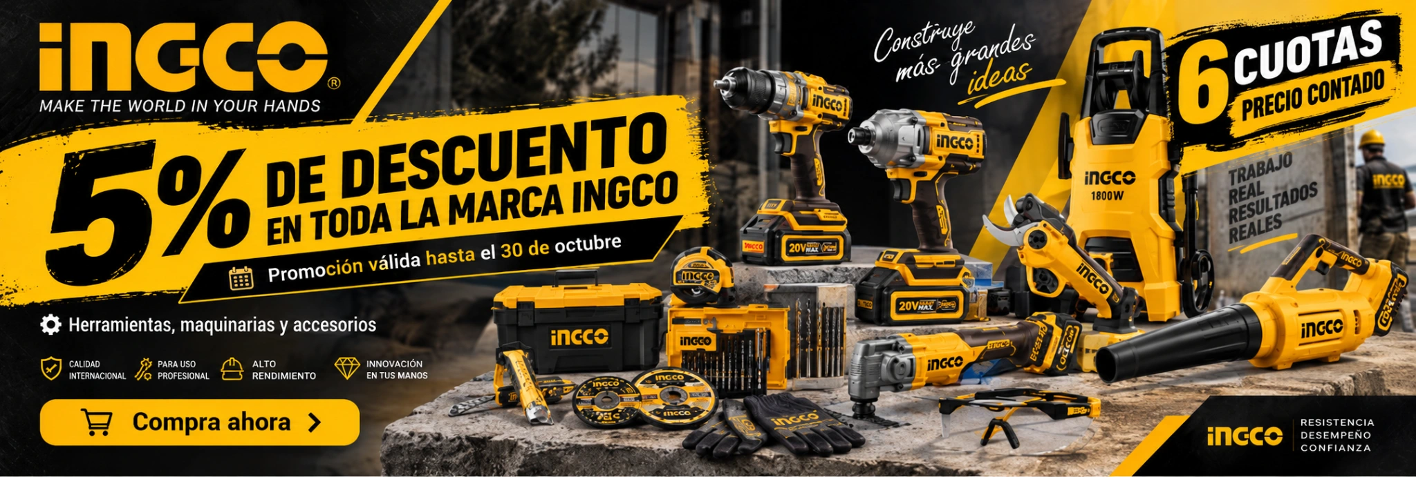 Oferta INGCO: 5% de descuento en toda la marca y 6 cuotas precio contado, válida hasta el 30 de octubre