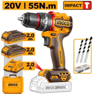 Taladro percutor brushless 20 V, 2 baterías de 2 Ah y accesorios (CIDLI20558) INGCO