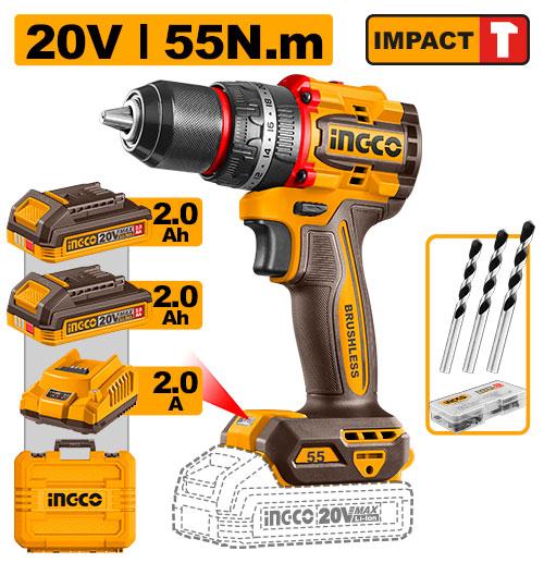 Taladro percutor brushless 20 V, 2 baterías de 2 Ah y accesorios (CIDLI20558) INGCO