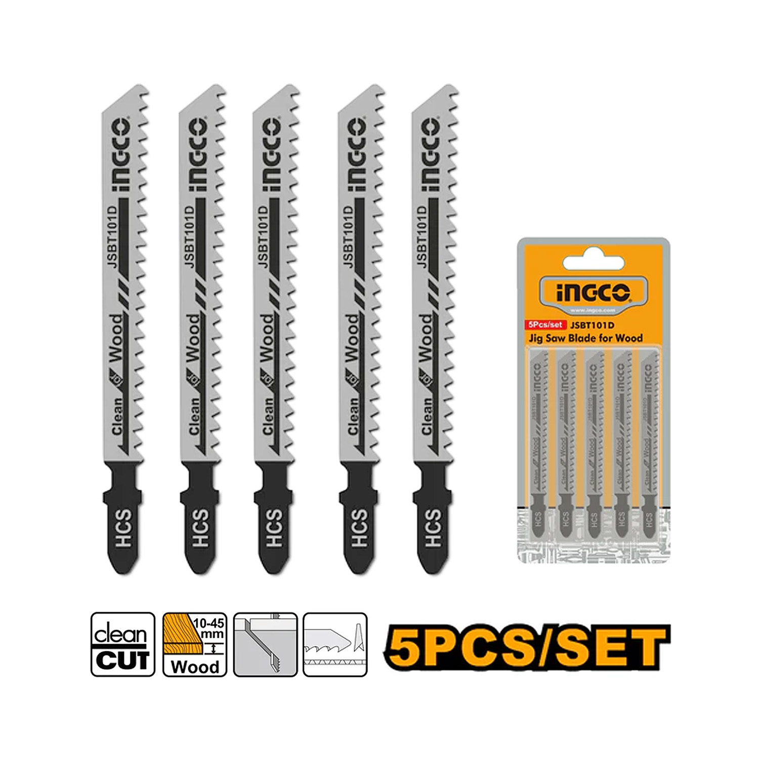 Hojas para sierra caladora madera, 5 unidades, INGCO JSBT101D