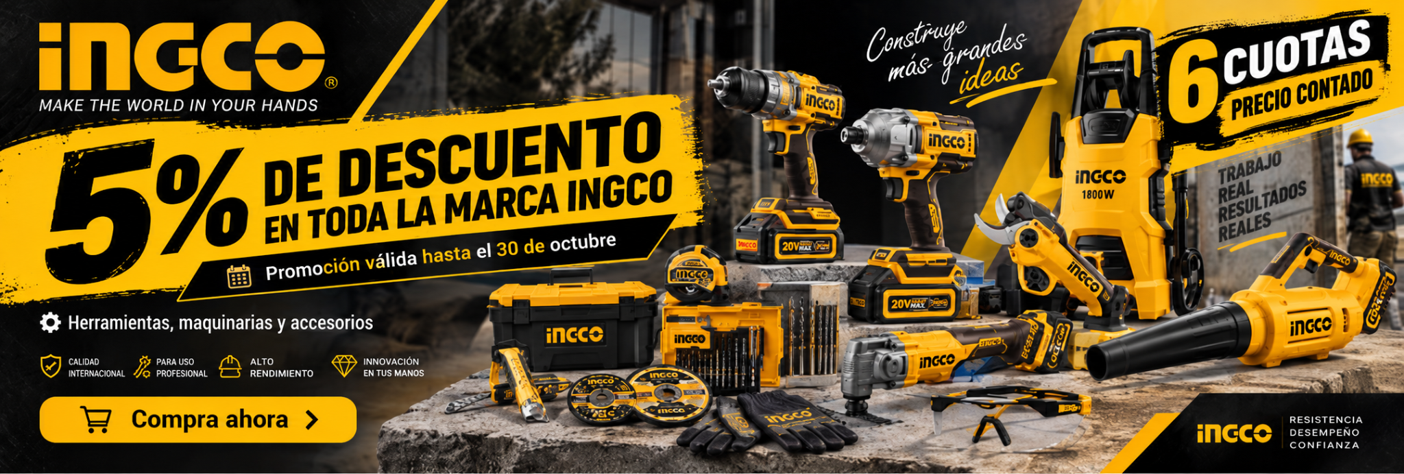 Oferta INGCO: 5% de descuento en toda la marca y 6 cuotas precio contado, válida hasta el 30 de octubre