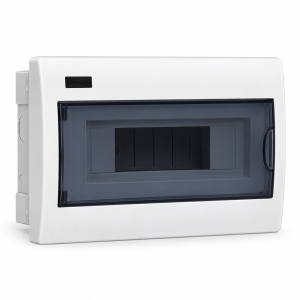 Imagen referencial de tablero eléctrico blanco con puerta transparente; cantidad de puestos según modelo