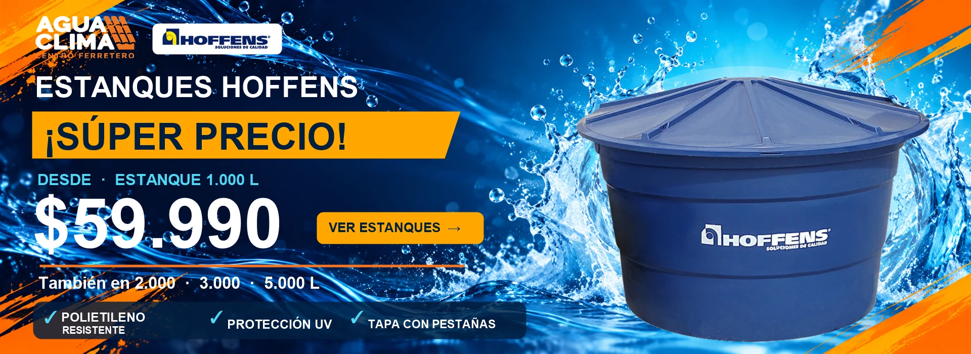 Estanques de agua Hoffens de 1.000 a 5.000 litros en AguaClima, desde $59.990