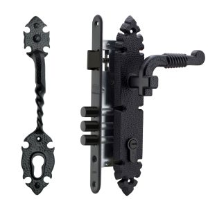 Cerradura Embutida Rústica B40 Negra de Acceso con Tirador Exterior y Manilla Interior POLI
