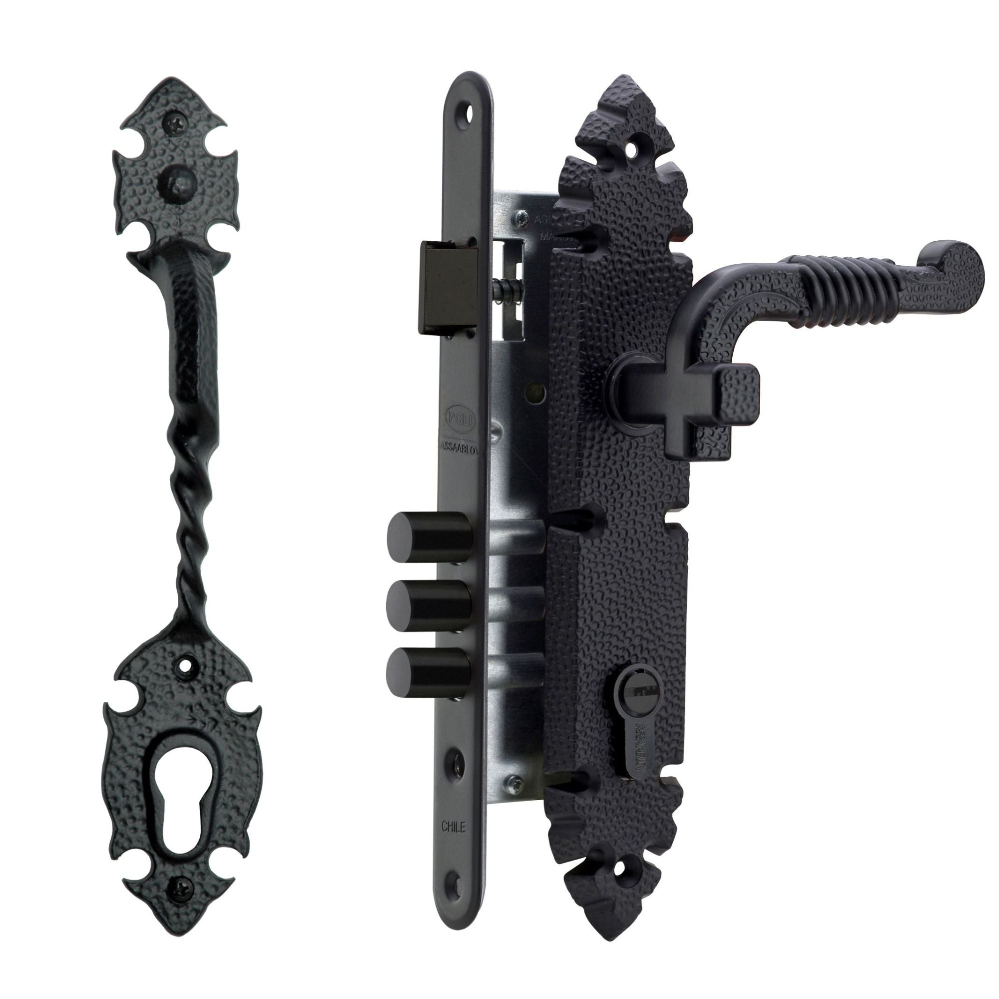 Cerradura Embutida Rústica B40 Negra de Acceso con Tirador Exterior y Manilla Interior POLI