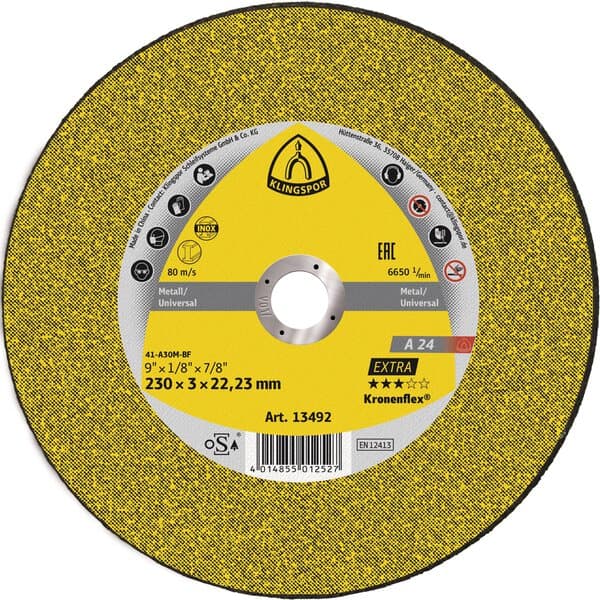 Disco de corte metal 9″ 230 × 3 × 22.23 mm A24 Klingspor