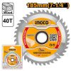 Disco de sierra para madera de 7¼″, 40 dientes, eje de 20 mm (TSB118515) INGCO